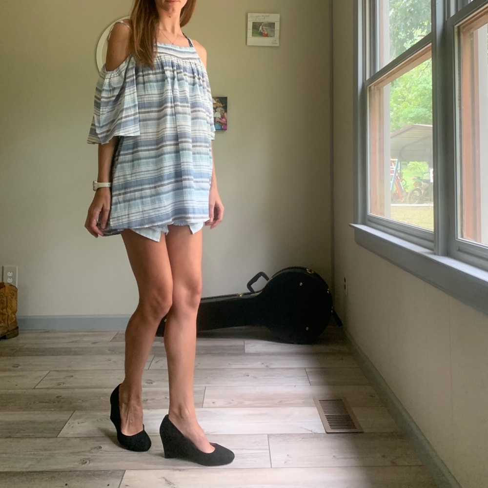 Light Blue Striped Cold Shoulder Blouse